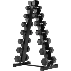 190Lb Rubber Coated Hex Dumbbell Set with A-Frame Rack