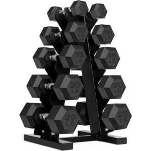 Rubber-Coated Hex Dumbbell Set and Storage Rack - 150 lbs
