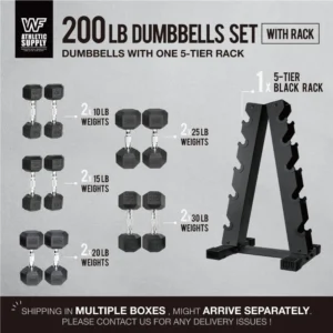 Rubber Coated Hex Dumbbell Set with Storage Rack -200Lbs - 10-30Lbs Pairs