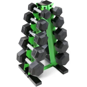 Rubber Coated Hex Dumbbells Set - 5 to 25 Lbs Pairs (150Lbs) with Storage Rack.